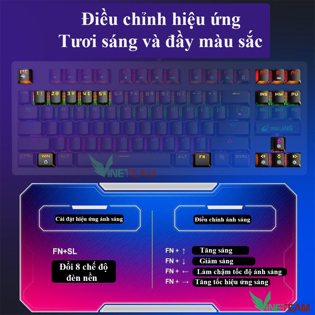 Bàn Phím Cơ Gaming Phím ZIYOULANG K2 87 Phím | Blue Switch Mechanical | Led Rainbow Nhiều Chế Độ -dc4371