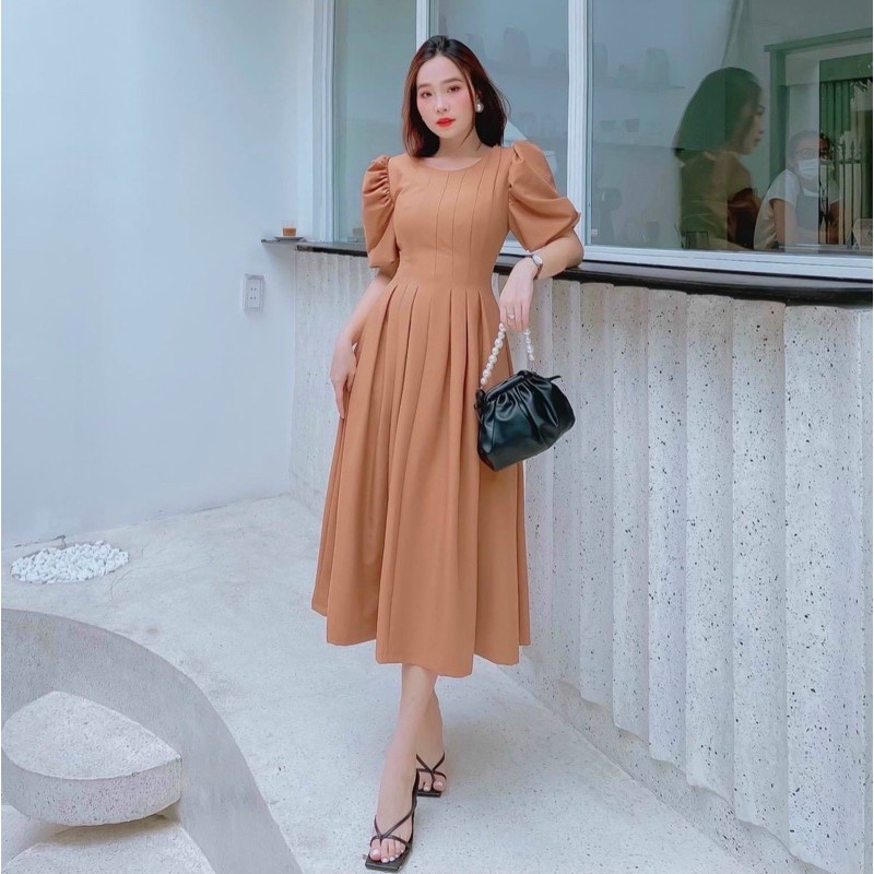 Đầm váy cổ tròn xếp li 4 màu