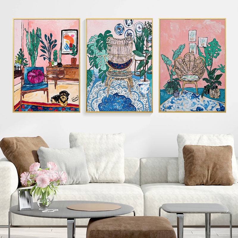 Tranh Sơn Dầu Treo Tường Trang Trí Hình Mèo Và Cây Cối Phong Cách Retro