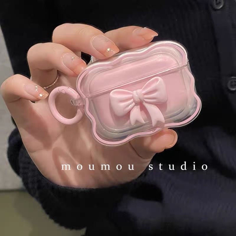Vỏ Bảo Vệ Hộp Sạc Tai Nghe AirPods 1 2 3 Pro Pro2 Trong Suốt Hình Nơ Hồng 3rd 2021