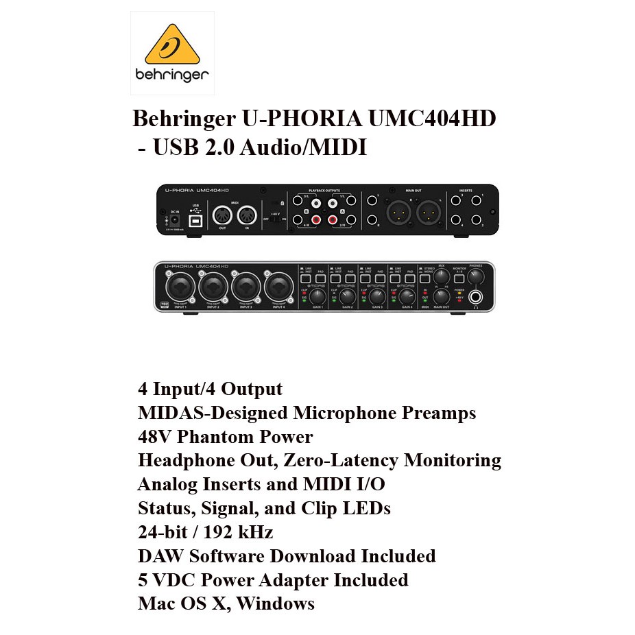 Card âm thanh Behringer U-PHORIA UMC404HD - USB 2.0 Audio/MIDI