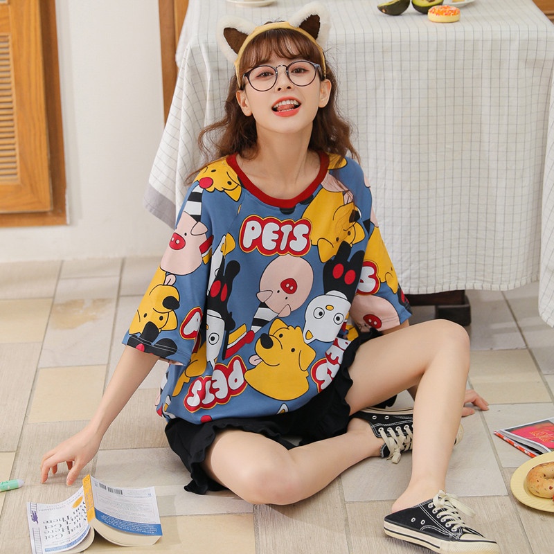 Bộ Mặc Nhà Cổ Tròn Ngắn Tay Chất Cotton Xuân Hè 2022