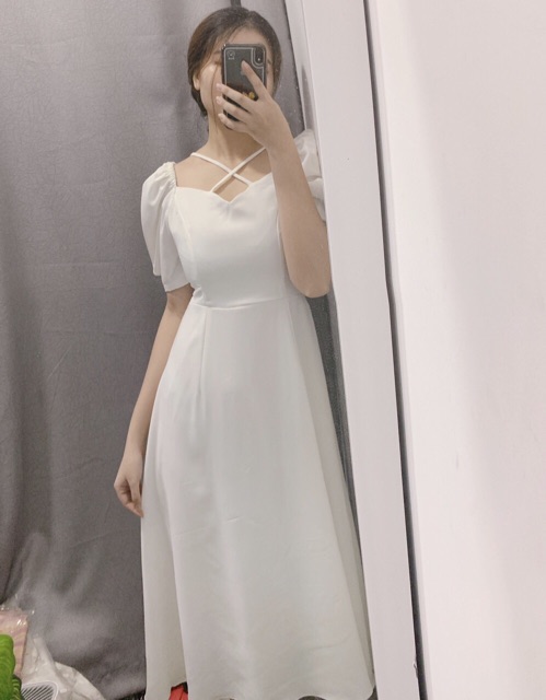 ĐẦM MAXI 2 DÂY CHÉO MÀU TRẮNG - T162