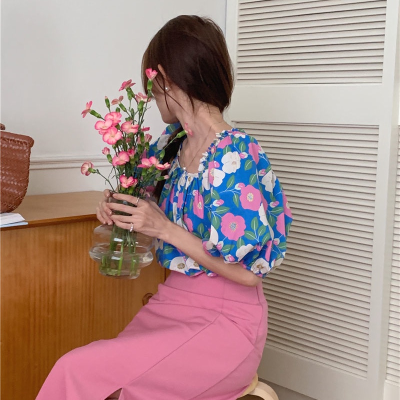 SUXI Áo Kiểu Cổ Vuông Tay Ngắn Dáng Rộng In Họa Tiết Hoa Phong Cách Hàn Quốc Xinh Xắn