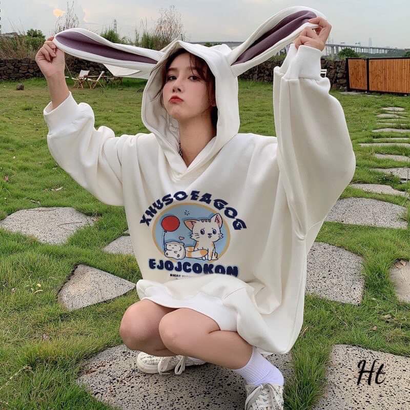 áo hoodie nỉ bông tai thỏ dài in mèo | BigBuy360 - bigbuy360.vn