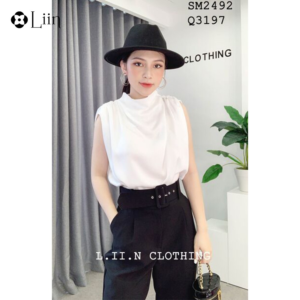 Quần baggy nữ LINBI màu đen kèm đai, thanh lịch, sang trọng Q3197 | BigBuy360 - bigbuy360.vn