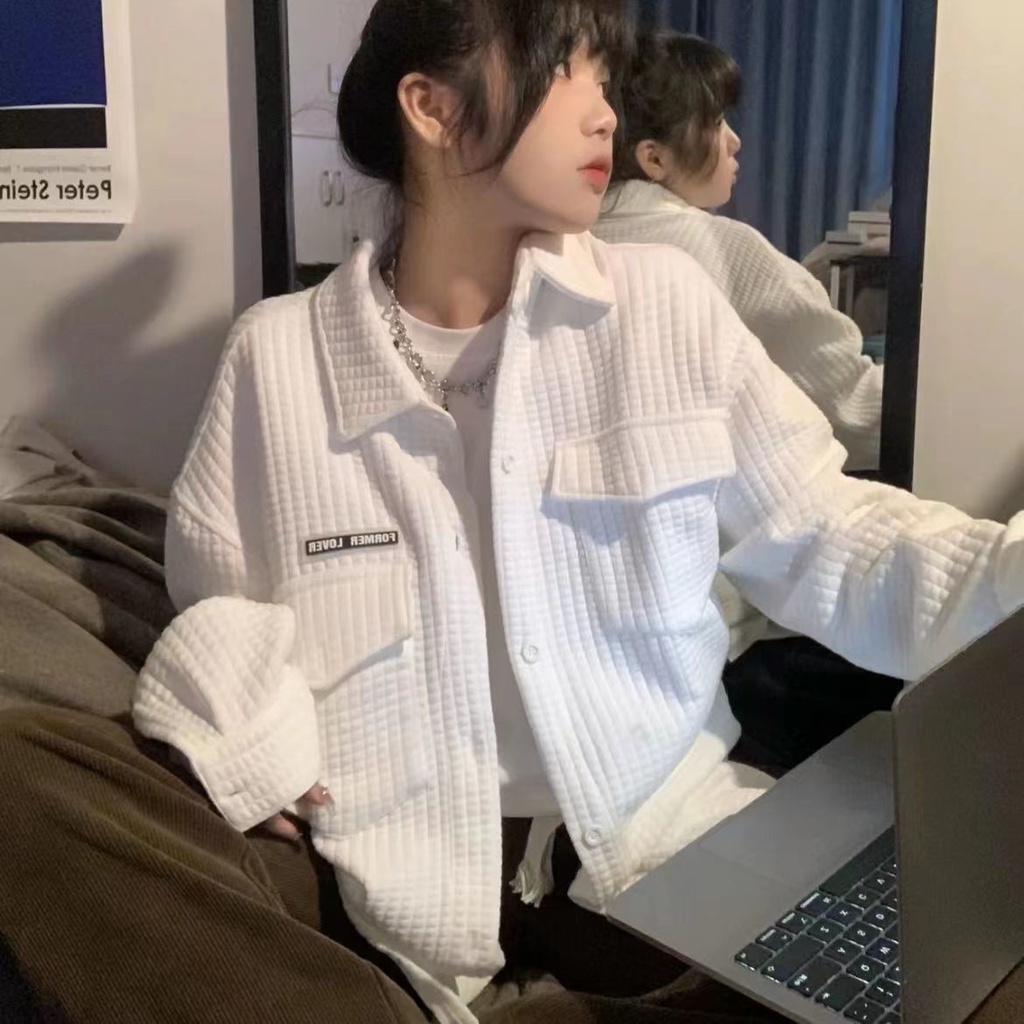 Jiashucheng Áo Khoác Dáng Rộng Màu Trắng Phong Cách Mỹ Dễ Phối Đồ Thời Trang Xuân Thu Cho Học Sinh Nữ