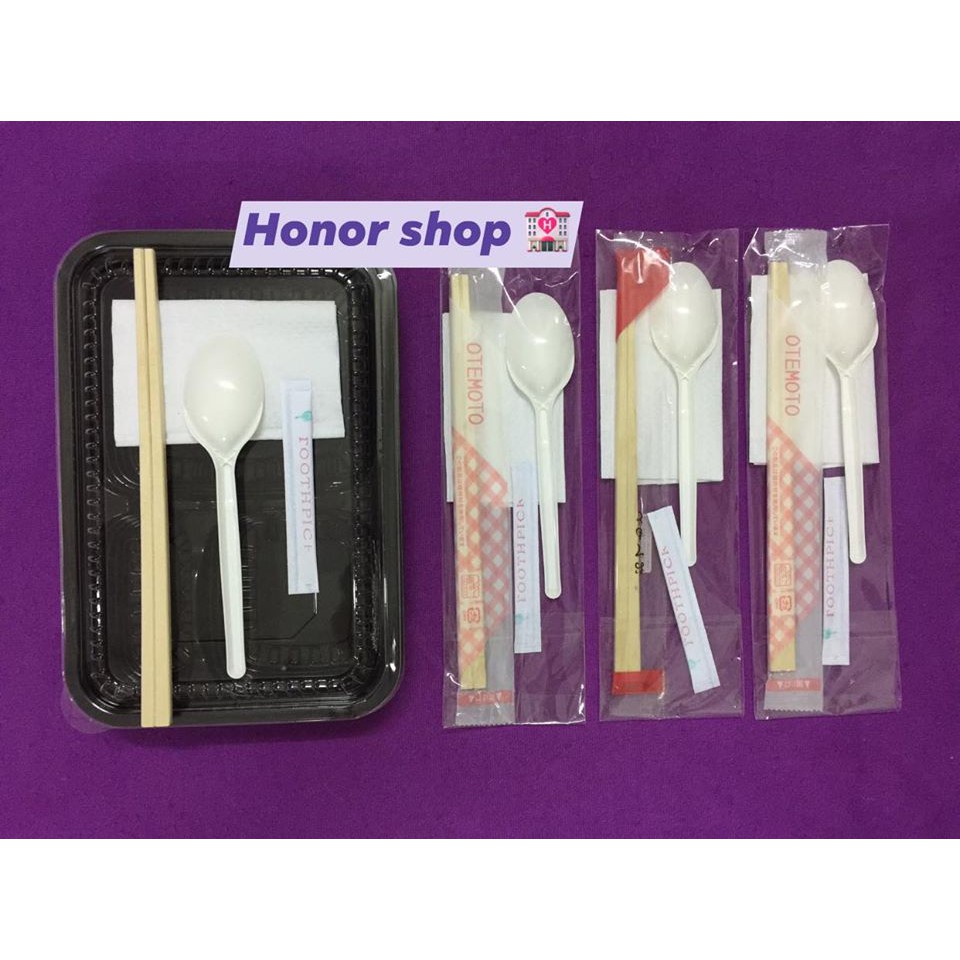 Combo 50 bộ đũa gỗ xuất Nhật + muỗng + khăn + tăm dùng 1 lần