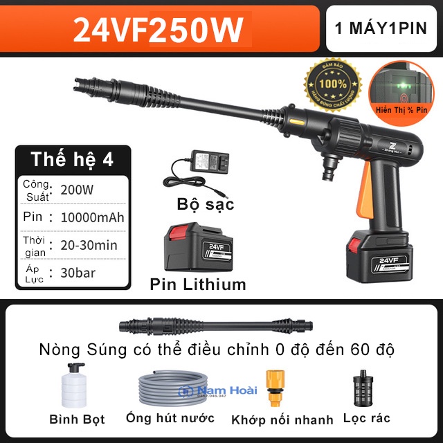 Máy Rửa Xe Cầm Tay Zhong Hui Thế Hệ 4 24VF250W 10.000 mAh áp lực cực mạnh,vệ sinh, tưới hoa cầm tay, rữa xe ô tô, xe máy