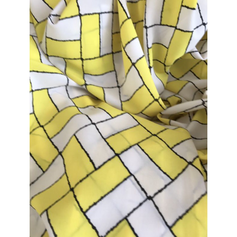 Vải lụa giấy mềm mỏng siêu mát co giãn 2 chiều họa tiết kẻ ô màu vàng