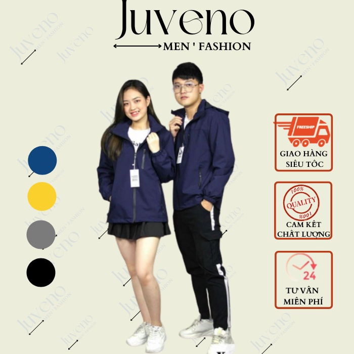 Áo Khoác Gió Juveno Cao cấp Mặc đôi nam nữ, Chống nước, chống bui đủ size 45-85Kg