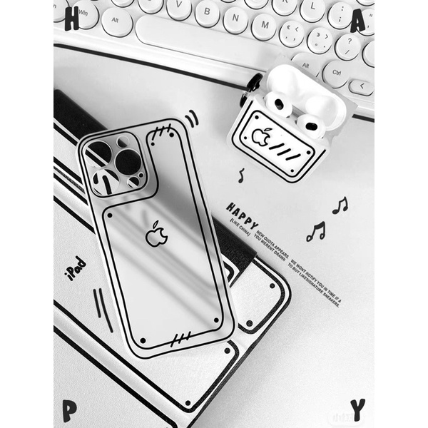 Case Airpod 1/2/Pro/3 Hình Hộp Trắng Đen In Hình Quả Táo