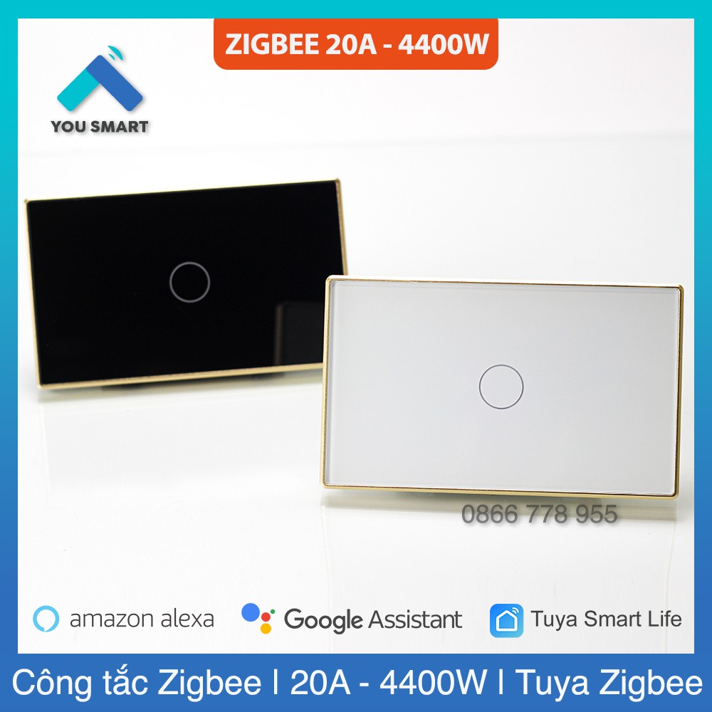 Công tắc Zigbee 20A bình nóng lạnh Tuya Smartlife công suất cao 4400W - Viền nhôm mặt kính cao cấp