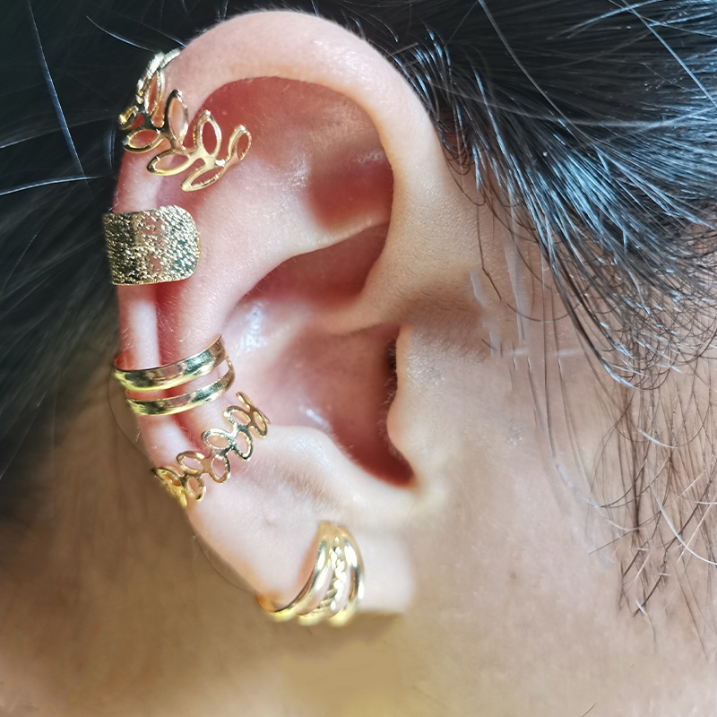 Set 5 Khuyên Vành Tai Hình Lá Cây Màu Vàng Kim Phong Cách Vintage Không Cần Khoan Lỗ Dành Cho Nam Và Nữ