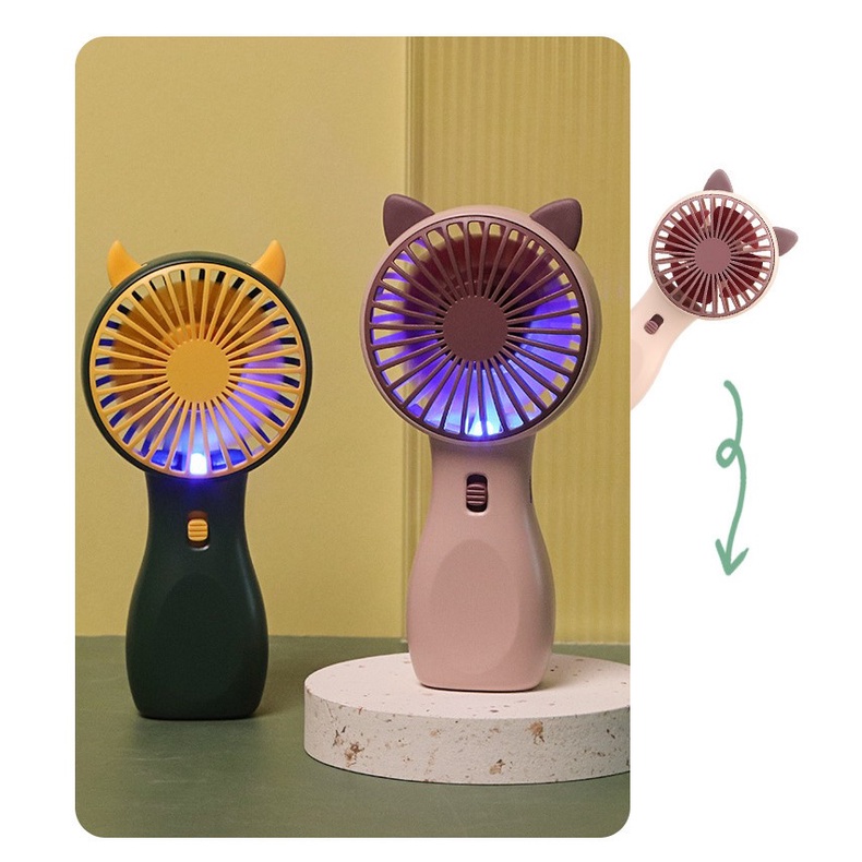 Quat cam tay - quạt mini, tích điện có đèn, có dây đeo, để bàn, thời gian sử dụng 1-3h