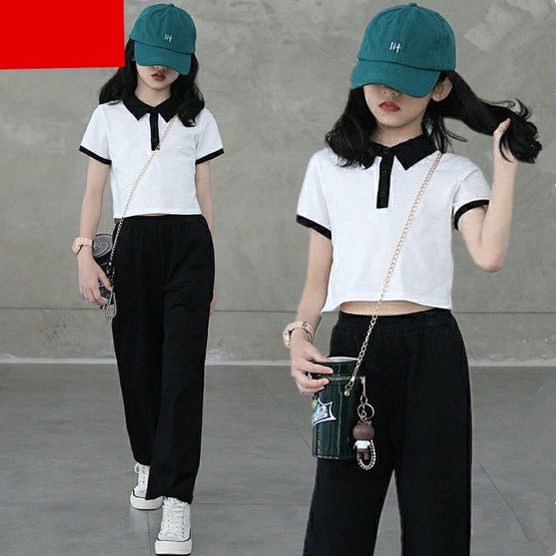 Hàng Có Sẵn 24 Giờ] Bộ Đồ Thể Thao Áo Thun Cotton Quần Ống Rộng Phong Cách Phương Tây Mùa Hè Cho Bé Gái 3-5-8-10-12 Tuổi/070