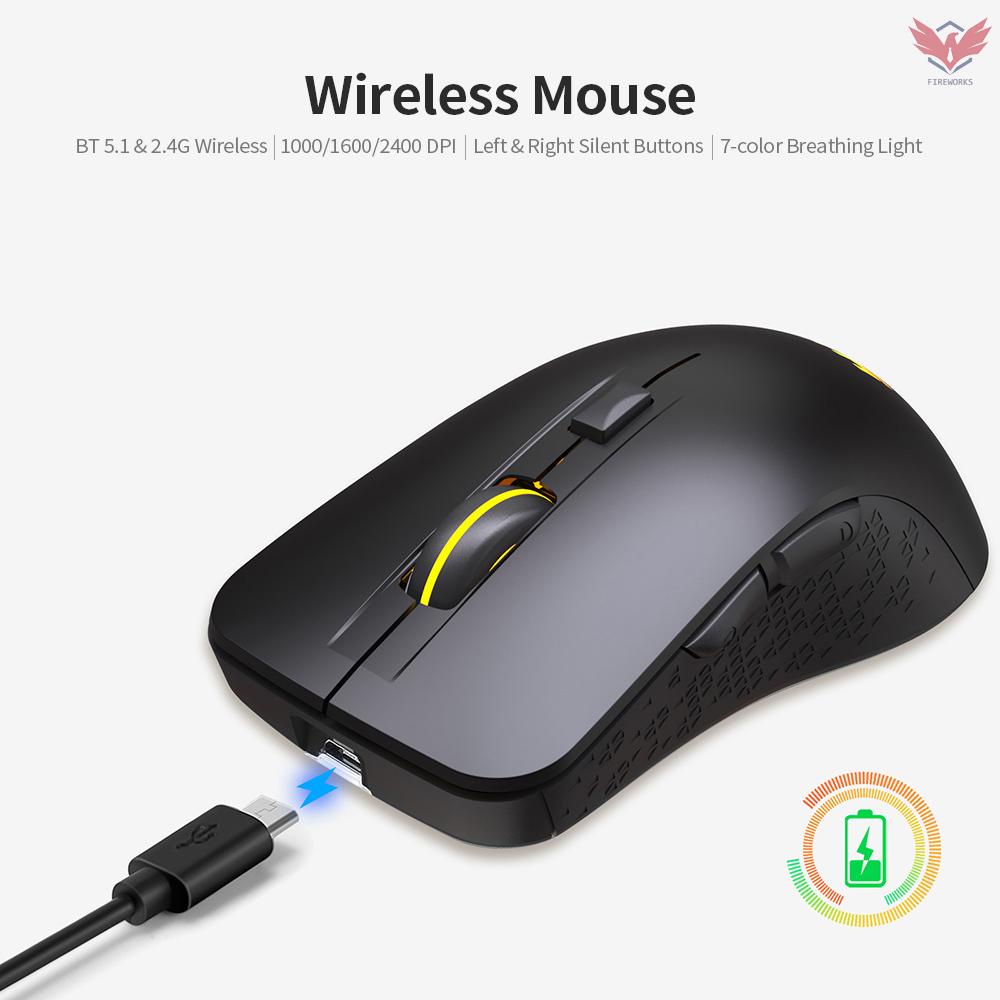 YWYT Rechargeable Mouse 2.4G Wireless Mouse with USB Receiver BT 5.1 Wireless Mouse 3 Adjustable DPI Levels/ 6 Buttons Black