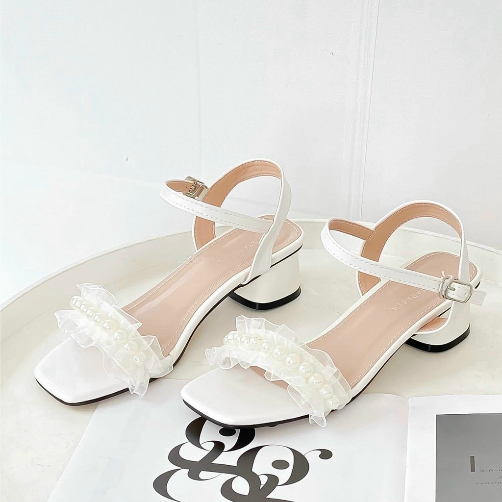 Dép sandal nữ quai hạt ngọc bánh bèo gót 4cm thời trang