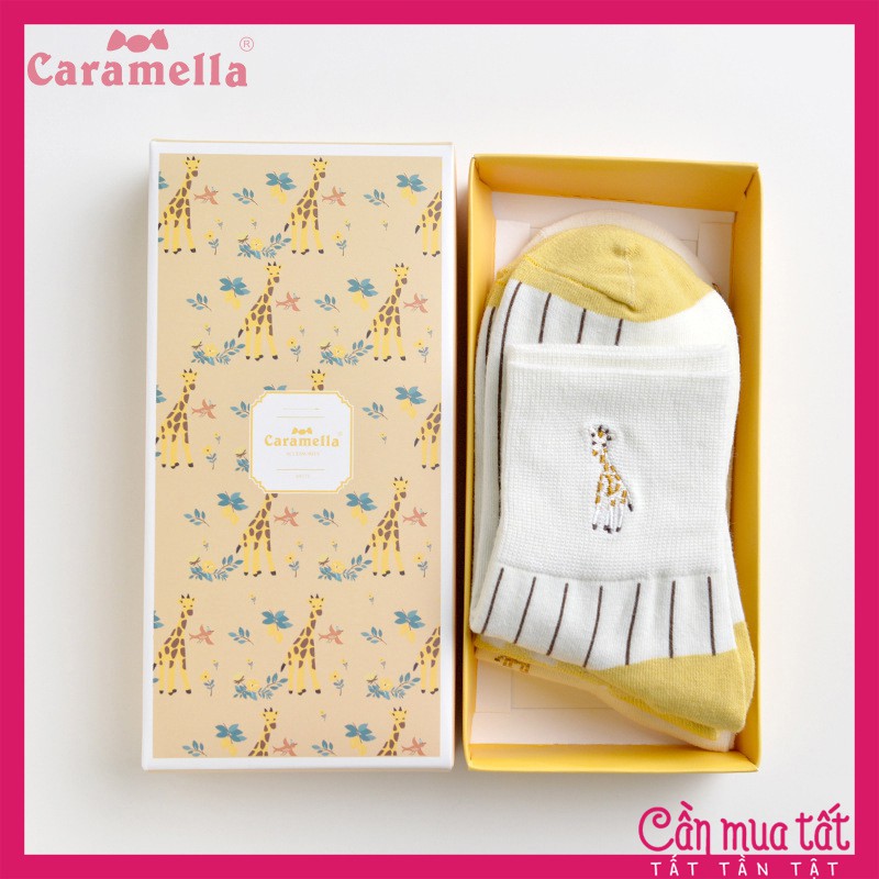 Tất Nữ Caramella Cao Cấp Set 3 Đôi Chủ Đề Hươu Vàng Kèm Túi Zip Xinh Xắn Freesize