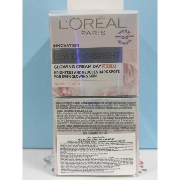 Kem dưỡng sáng mờ thâm nám ngày, đêm L'Oreal Paris Glycolic Bright Glowing Cream SPF17 15ml