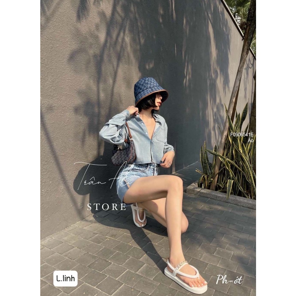 Áo sơ mi jean form croptop tay dài siêu thời trang chất bò dày dặn phong cách ulzzang hàn quôc, XUONGMAYSIGIARE