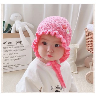 Mũ len bèo buộc dây đính hoa cúc siêu kute cho bé dưới 12 tháng tuổi