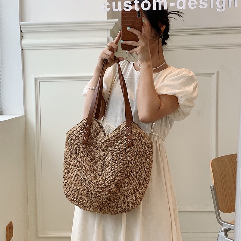 Túi cói Tote hình trái tim - dây da đeo vai - phong cách Vintage (mẫu mới)