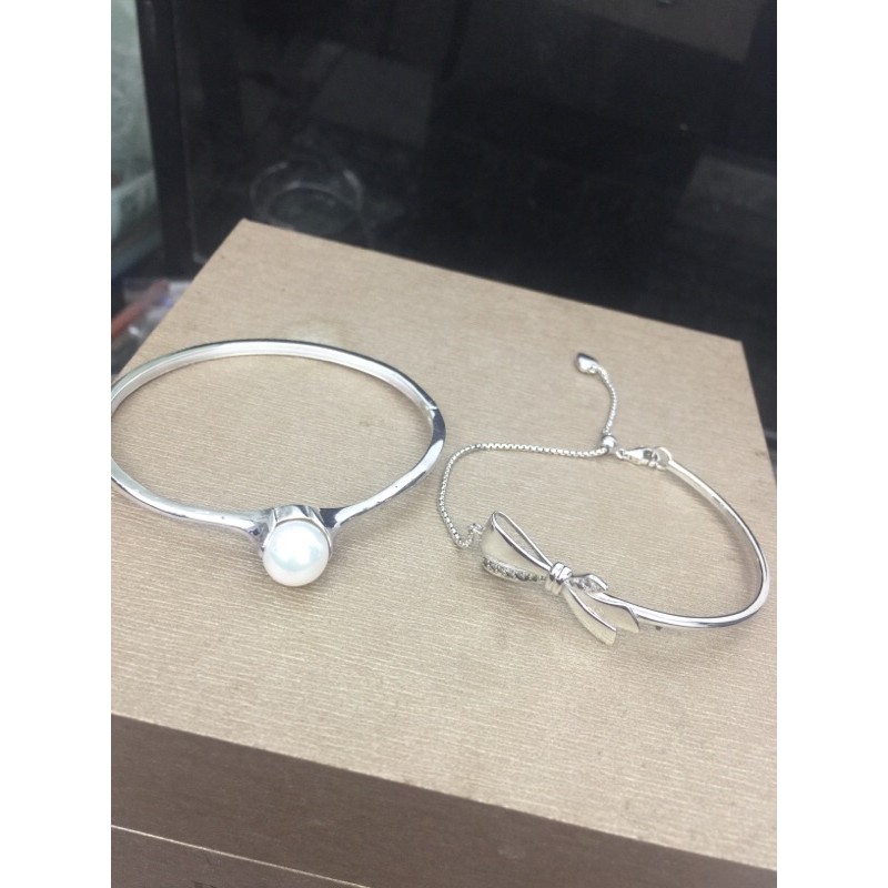 Vòng tay nơ dây rút quả cầu trắng đơn giản đính tim trơn độc đáo bạc thật phủ vàng trắng lạ mắt siêu nét NGỌC MẬU