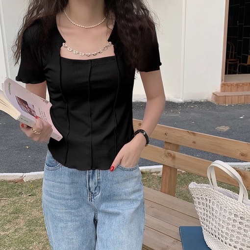 NZN Áo Thun Tay Ngắn Cổ Vuông Màu Sắc Đơn Giản Phong Cách Hàn Quốc Cho Nữ