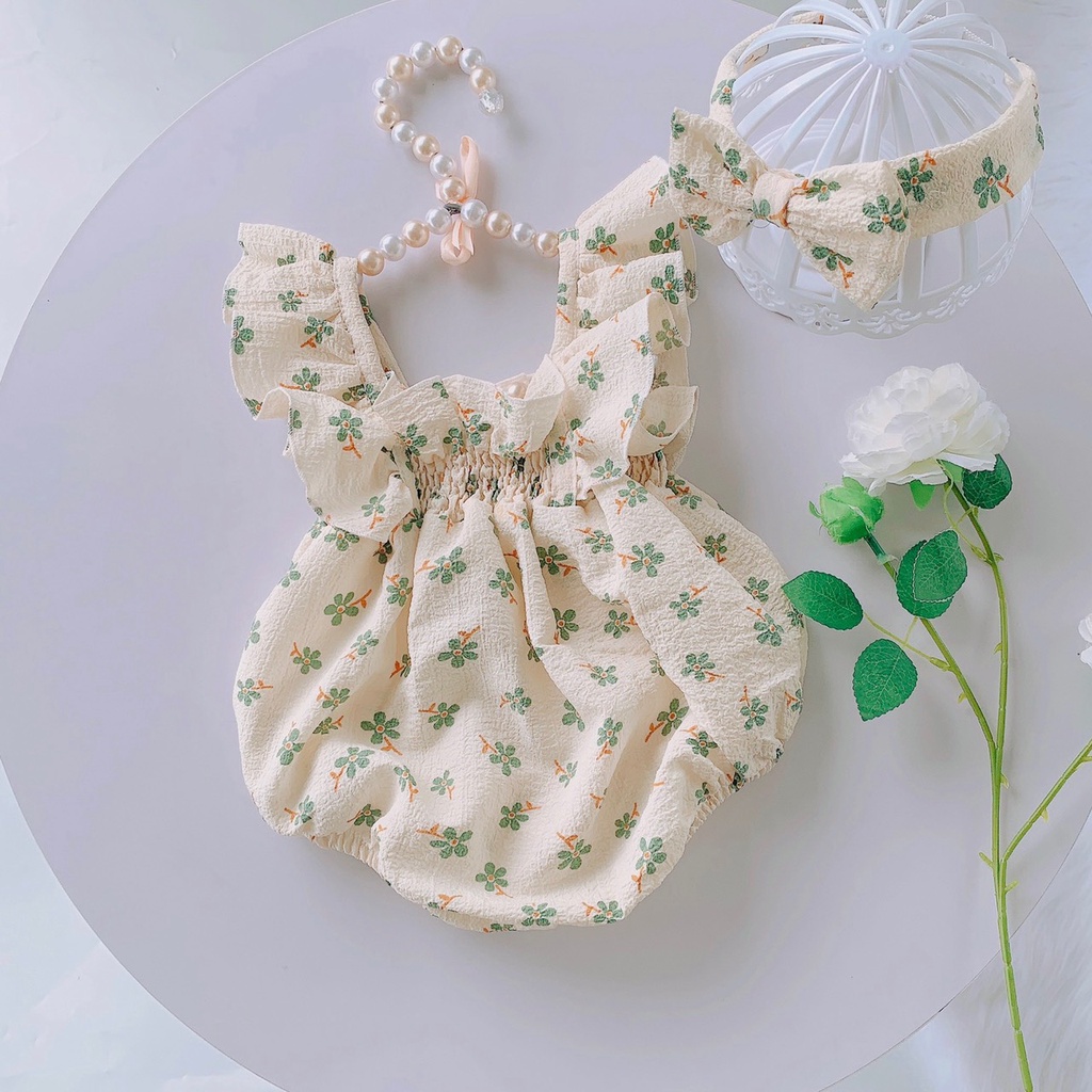 Bodysuit bé gái sơ sinh [𝐓𝐀̣̆𝐍𝐆 𝐊𝐄̀𝐌 TURBAN] SU SHOP- Body Hoa xanh nhún ngực