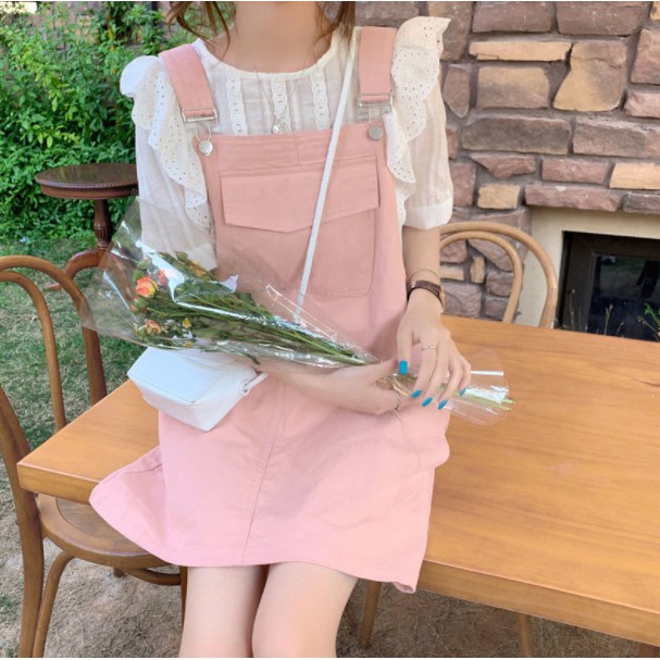 [LININ] Set Áo Sơ Mi Ren Liền Váy Yếm Denim Dáng Rộng Thời Trang Mùa Hè Cho Nữ
