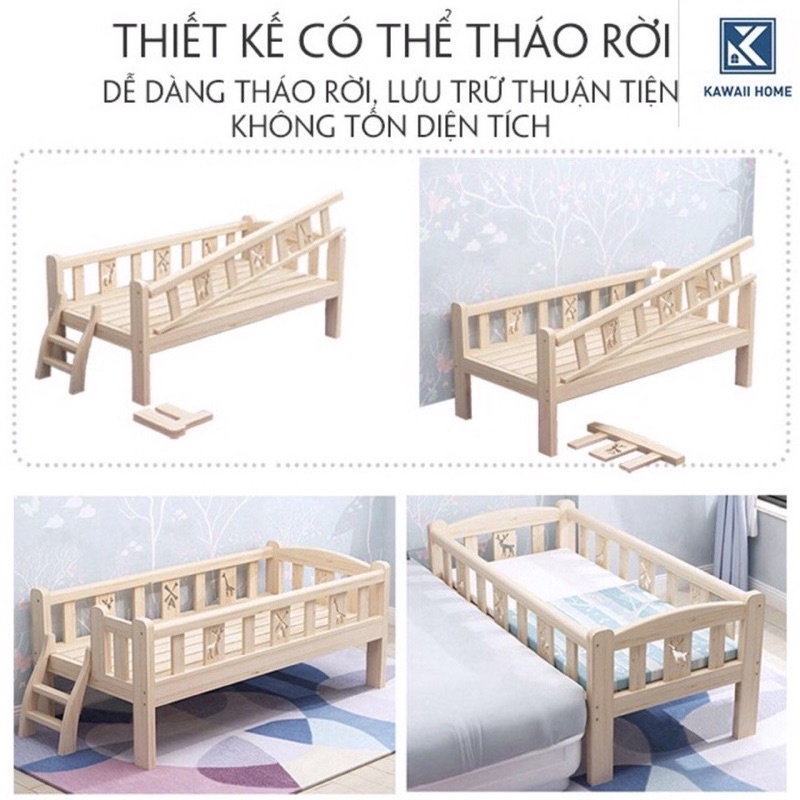 Giường gỗ cho bé chất liệu gỗ thông tự nhiên, Giường ghép cho bé ngủ chung với bố mẹ size 128x60 và 150x70cm