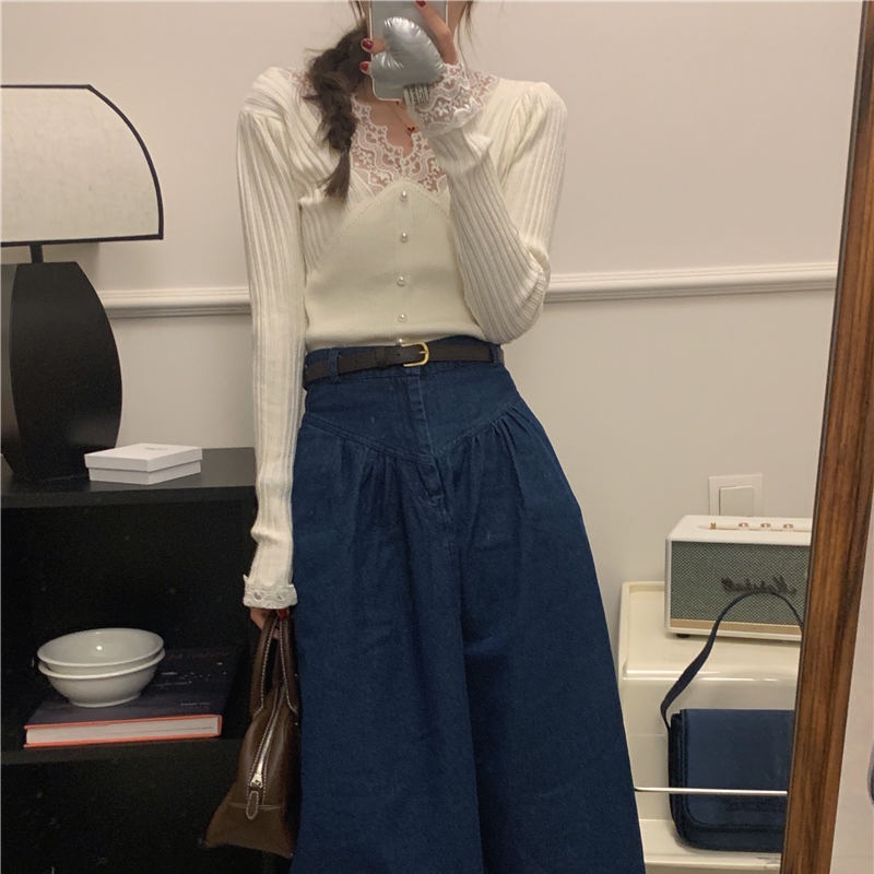 SUXI Áo Dệt Kim Tay Dài Màu Sắc Trơn Dáng Ôm Phối Ren Phong Cách Hàn Quốc Thời Trang Cho Nữ