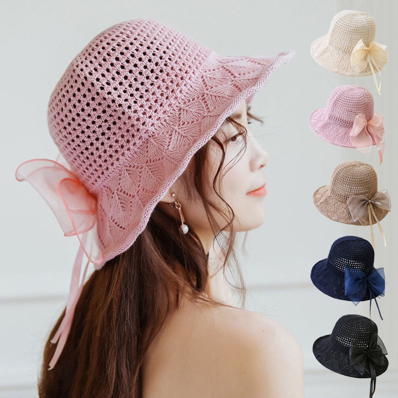 Mũ Dệt Kim Chống Nắng Đính Nơ Lụa Thời Trang Mùa Hè Cho Nữ