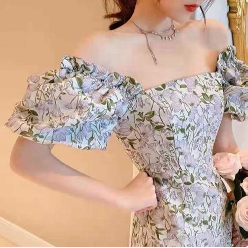 Đầm Trễ Vai Tay Phồng Họa Tiết Hoa Cúc Thời Trang Mùa Hè Xinh Xắn Cho Nữ