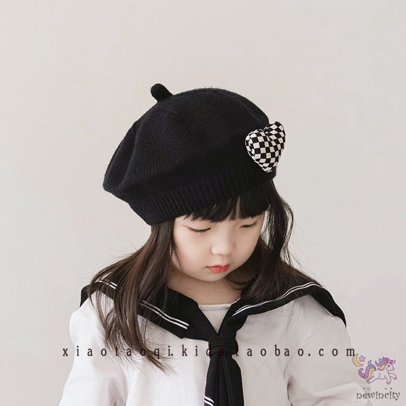 Mũ Beret Dệt Kim Ba Chiều In Họa Tiết Kẻ Ô Trái Tim Thời Trang Hàn Quốc Cho Bé Gái