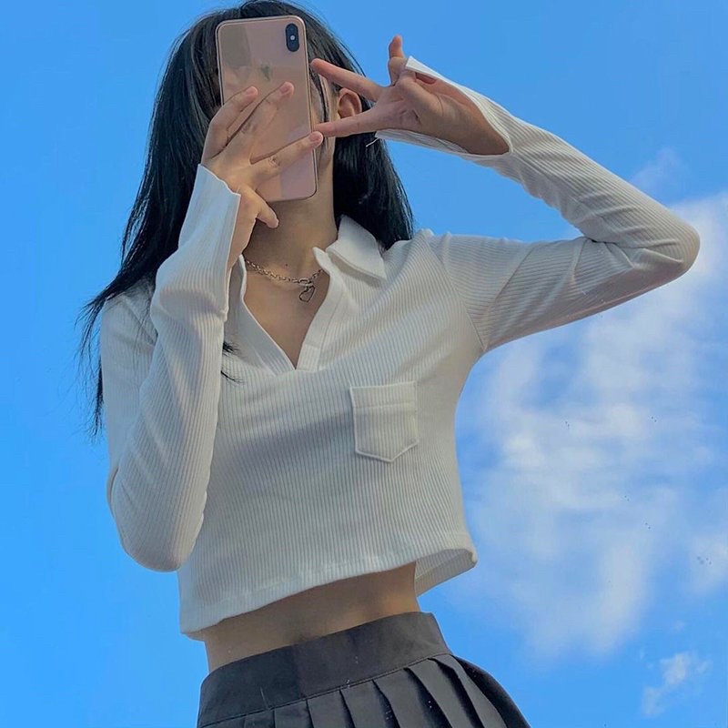 Áo croptop polo túi ngực chât liệu vải tăm gân size s m mặc hè thu-Halinh-Shop