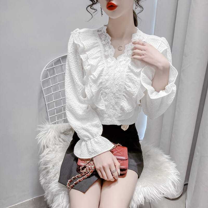 Áo Ren Cổ Chữ V Tay Dài Phong Cách Thời Trang Mới 2022 Dành Cho Nữ