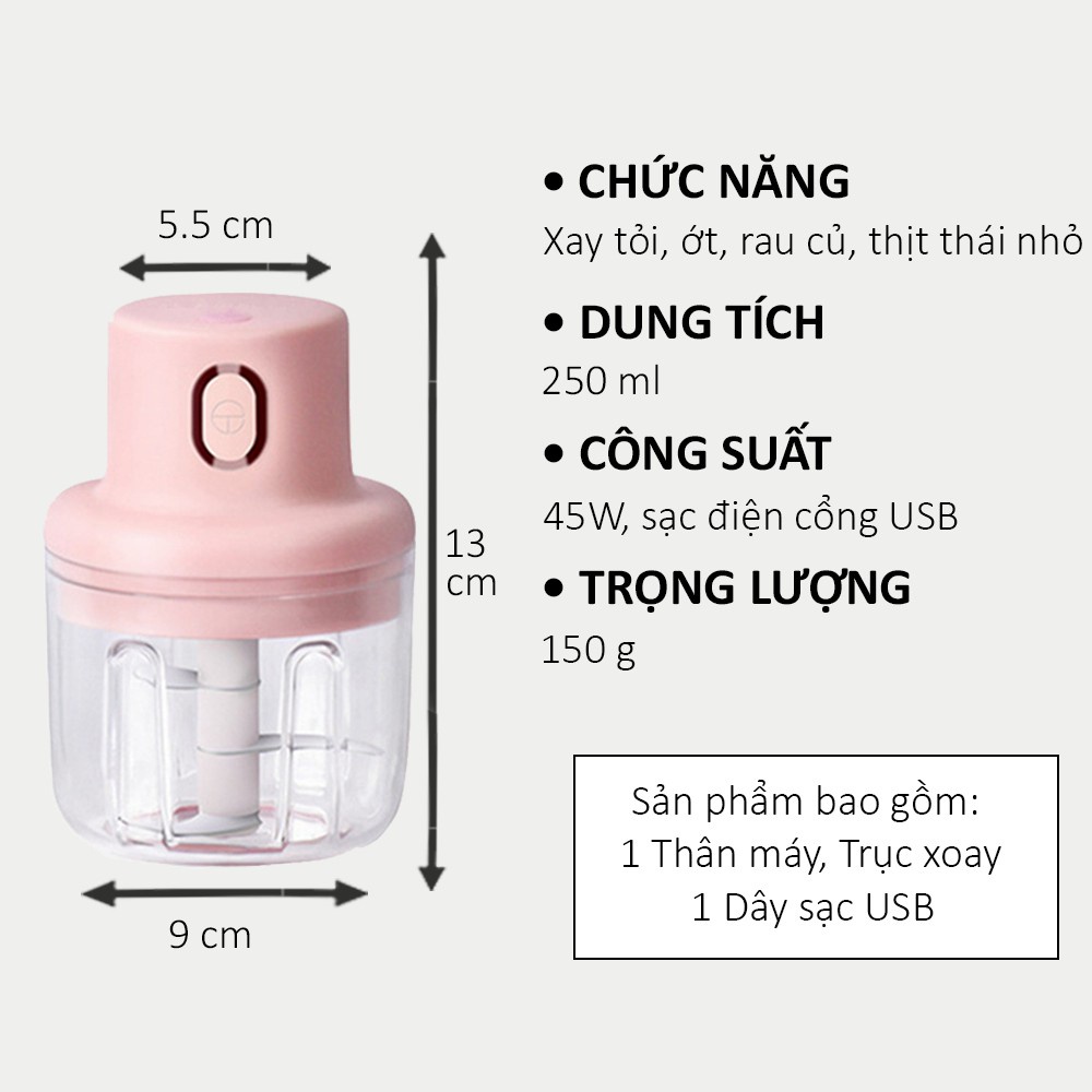 Máy xay mini cầm tay La'Home, xay tỏi ớt, thịt, hành, rau củ quả dung tích 250ml