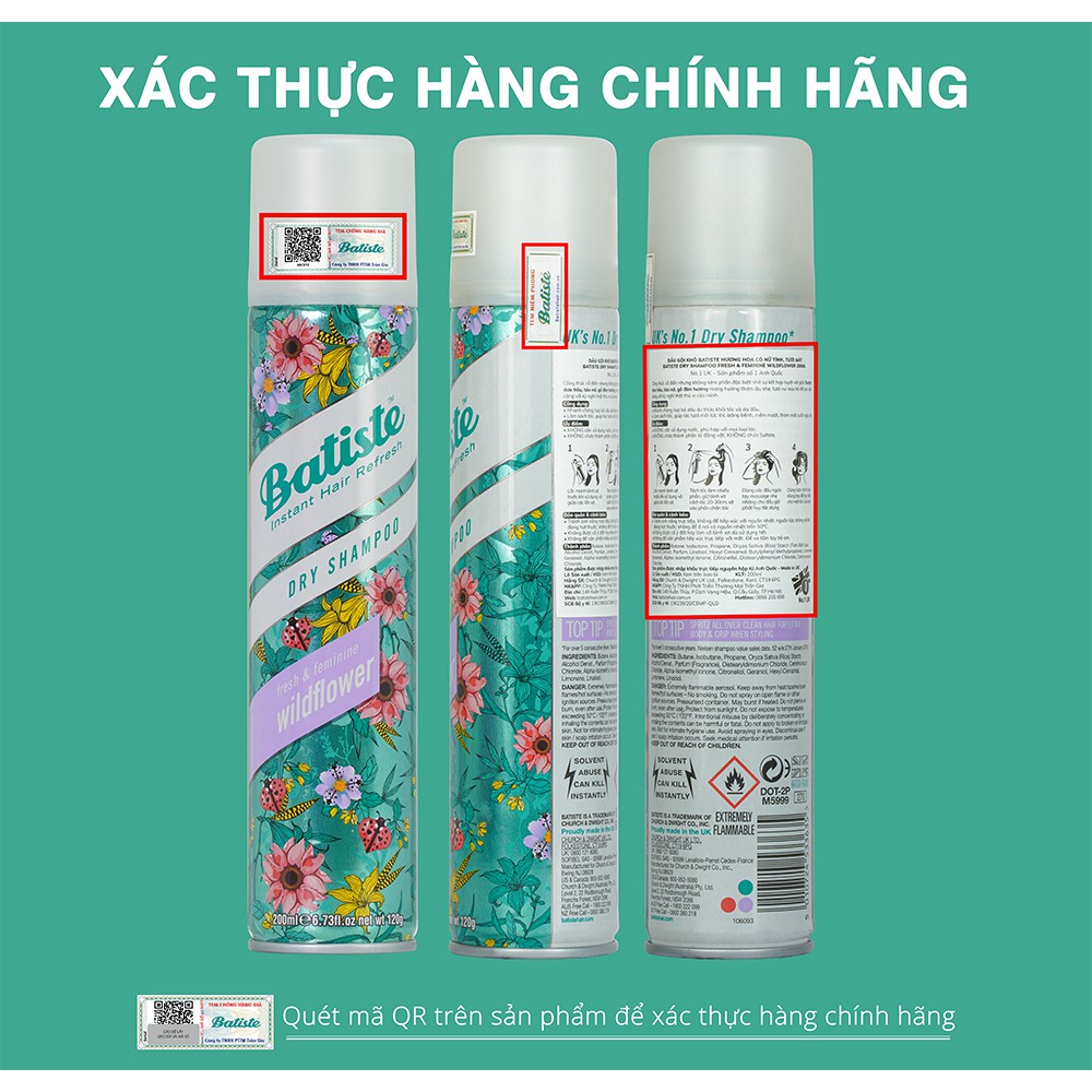 [QUÀ TẶNG 0Đ ] Dầu Gội Khô Batiste Hương Hoa Cỏ Nữ Tính, Tươi Mát - Batiste Dry Shampoo Fresh & Feminine Wildflower 200