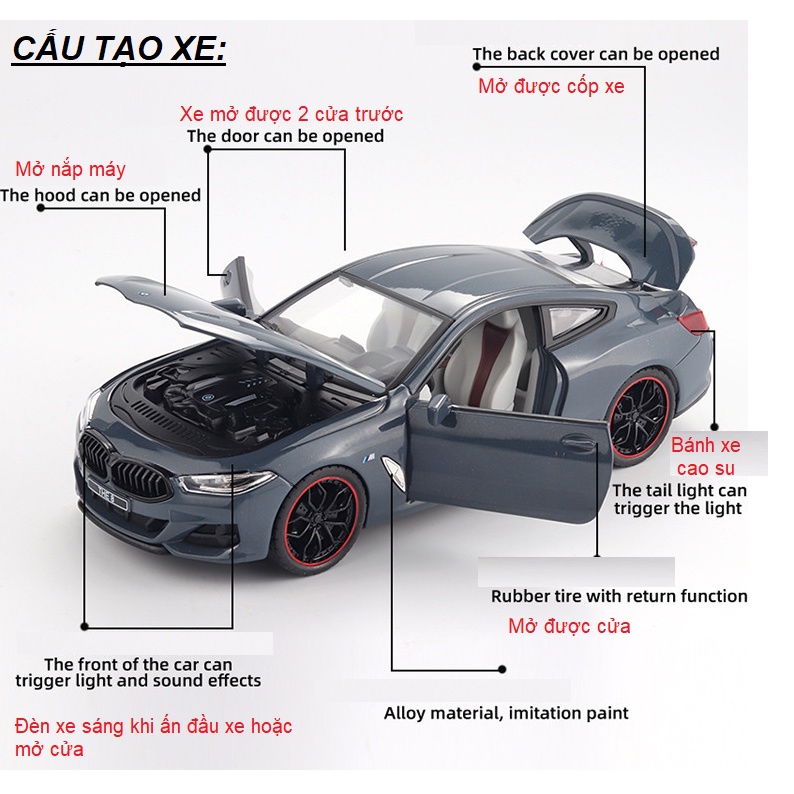 Mô hình xe ô tô BMW M8 tỉ lệ 1:24 xe bằng kim loại có âm thanh và đèn