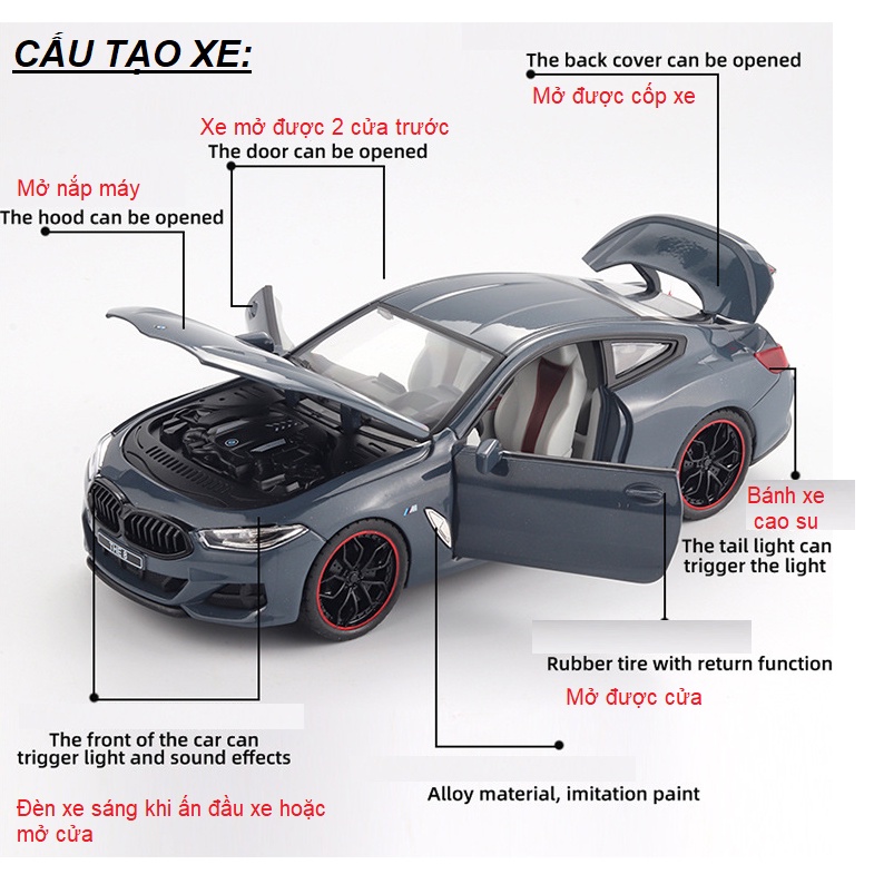 Xe mô hình ô tô BMW M8 đồ chơi trẻ em xe mô hình cỡ lớn bằng kim loại tỉ lệ 1:24 có âm thanh và đèn