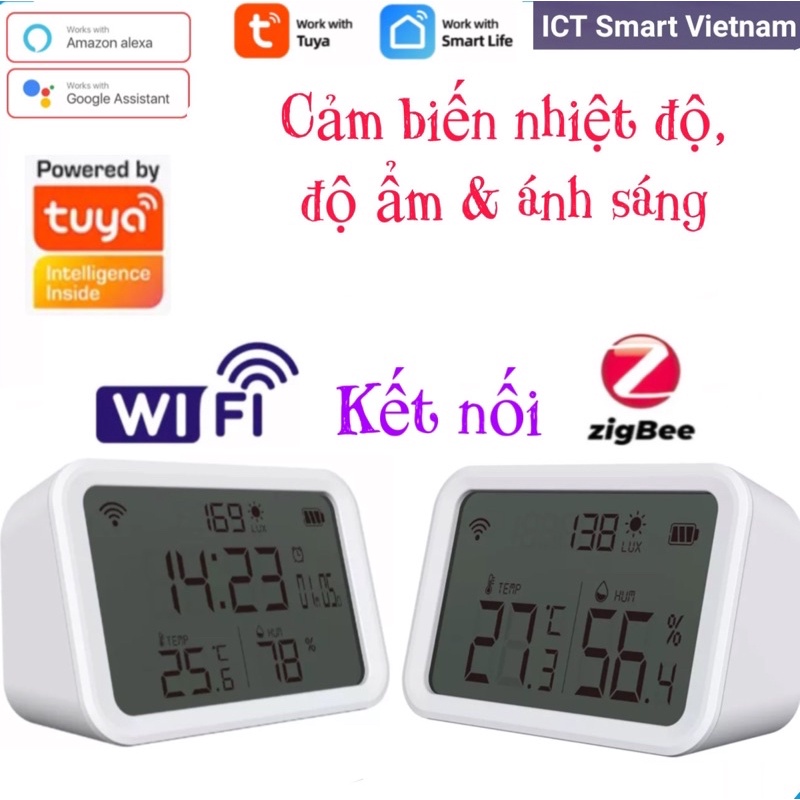 Cảm biến nhiệt độ, độ ẩm & ánh sáng Wifi/Zigbee Tuya