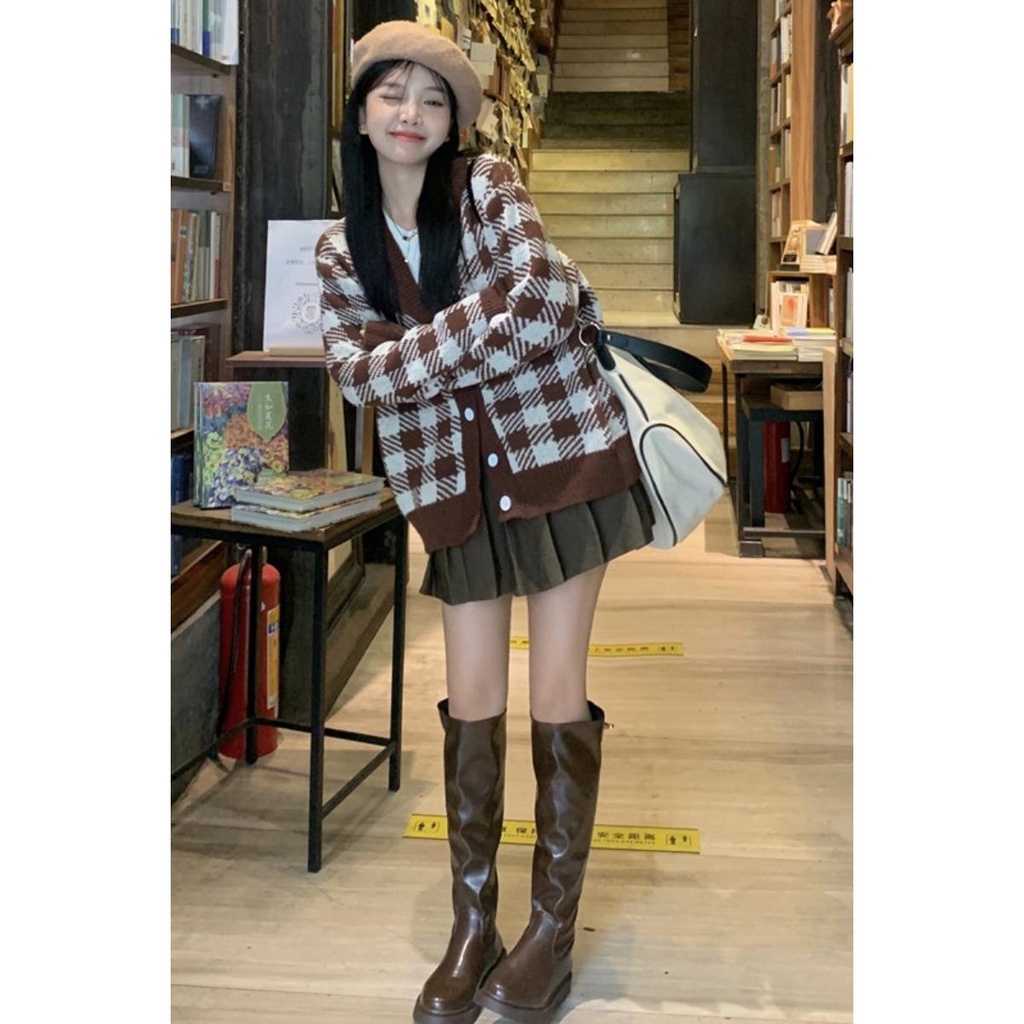 Áo Khoác cardigan Dệt Kim Dáng Rộng Kẻ Sọc Caro Thời Trang Hàn Quốc