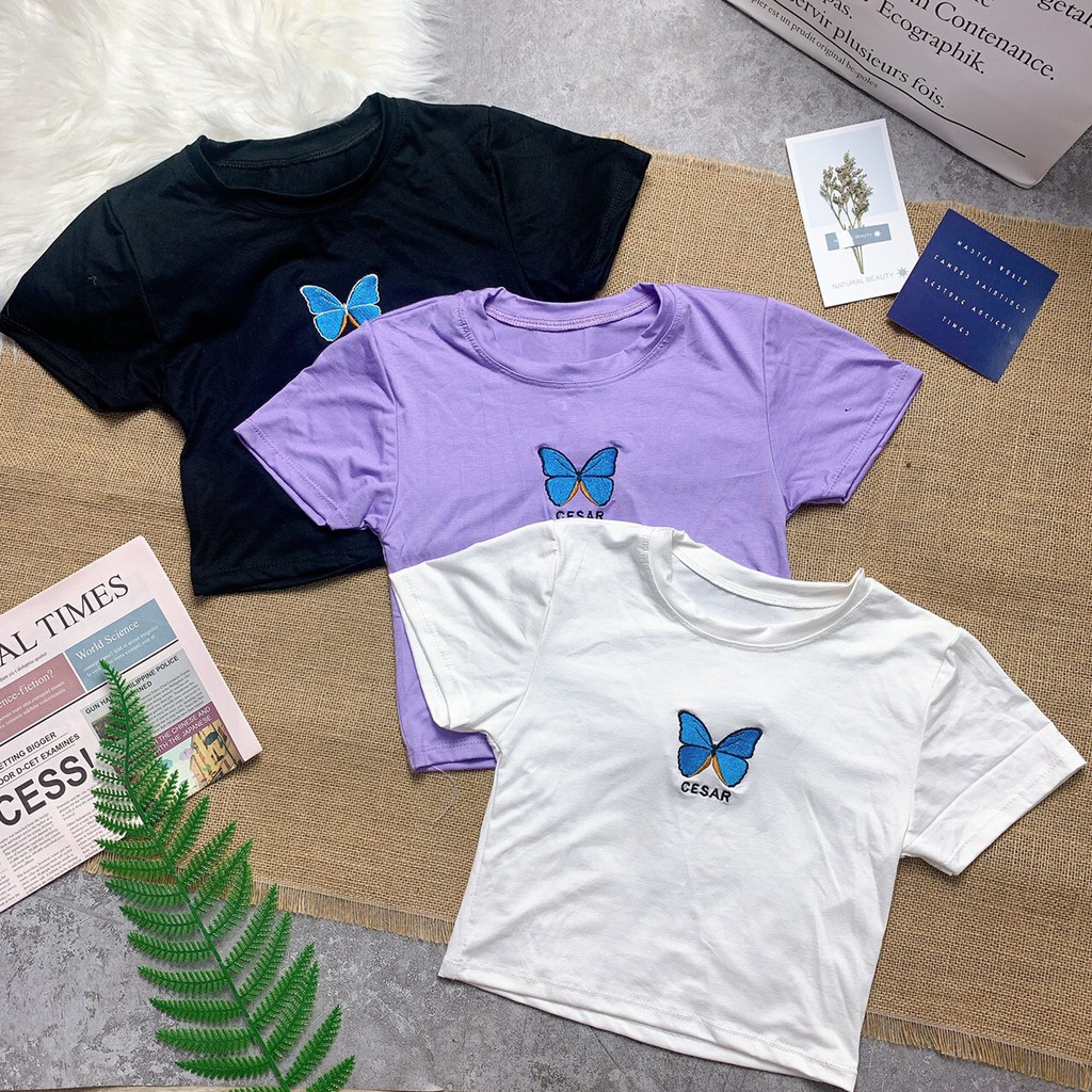 Áo croptop thun lụa hình bươm bướm siêu xinh đủ màu