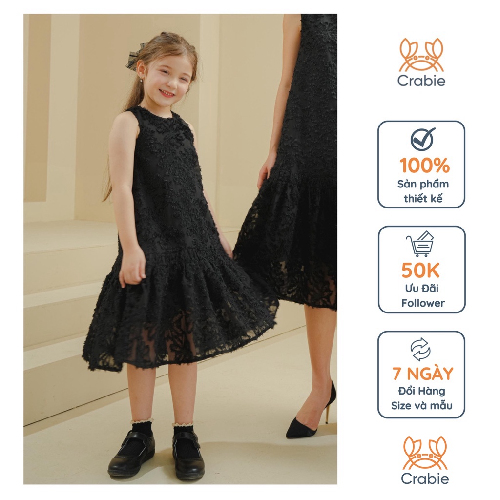 Đầm bé gái CRABIE dự tiệc khoét nách xoè dệt hoa xù 3D - Monica dress - Đen