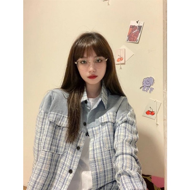 Áo khoác dạ sơ mi kẻ xanh có túi oder taobao