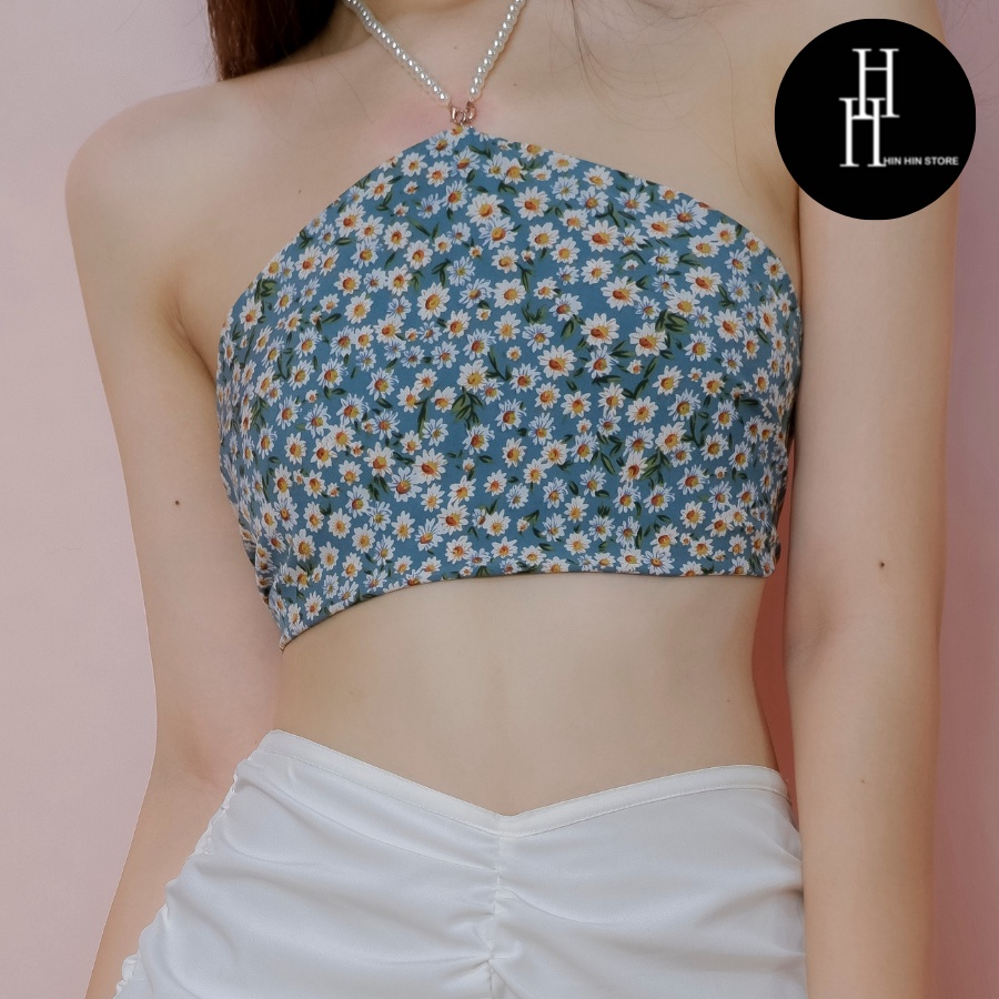 Áo yếm croptop hoa bi xanh dây chuỗi ngọc HAC139 Hỉn Hỉn Store