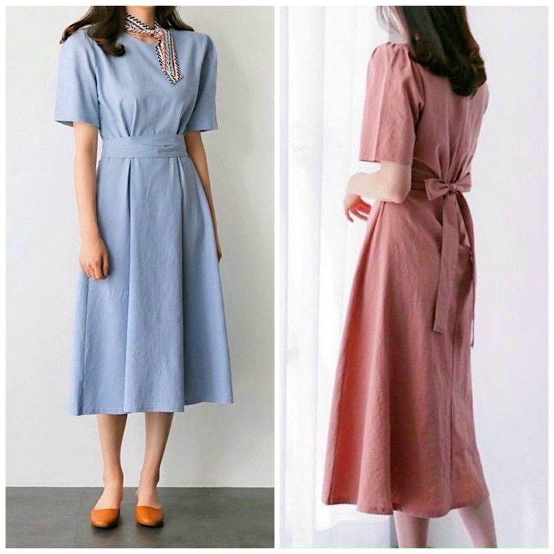 Đầm hồng ruốc cổ tròn thắt nơ (kèm hình thật)