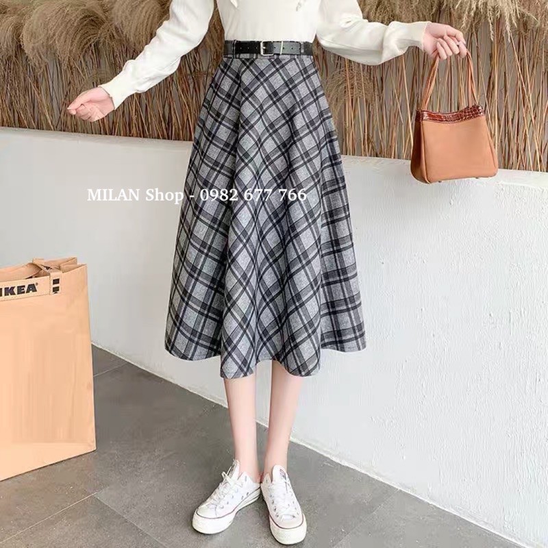 Chân váy dạ kẻ kèm đai dáng dài xoè A | BigBuy360 - bigbuy360.vn